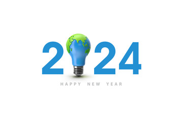 Wall Mural - Happy New Year 2024 number logo with earth bulb, 2024 text and earth globe light bulb,  Happy New Year 2024 green ecology and saving energy concept,