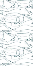 Crocodile Alligator Nature Wildlife Artistic Seamless Ink Vector One Line Pattern Hand Drawn