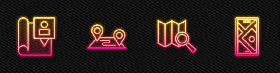 Poster - Set line Search location, Folded map with marker, Route and City navigation. Glowing neon icon. Vector