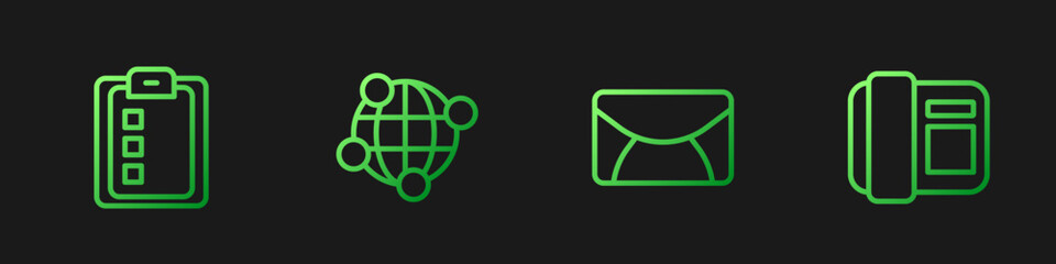 Poster - Set line Mail and e-mail, Online quiz, test, survey, Global technology and Telephone handset. Gradient color icons. Vector
