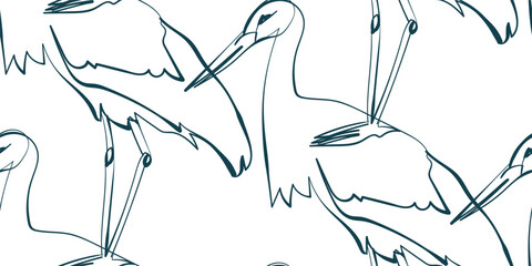 Wall Mural - stork crane bird nature wildlife artistic seamless ink vector one line pattern hand drawn