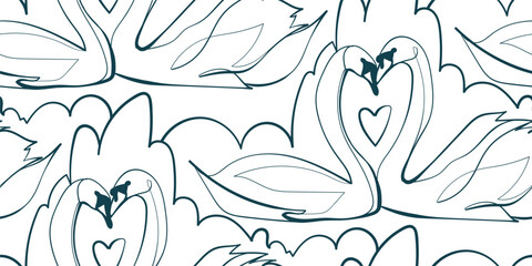 Canvas Print - swan bird nature wildlife artistic seamless ink vector one line pattern hand drawn