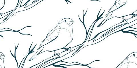 Wall Mural - tit on branch bird nature wildlife artistic seamless ink vector one line pattern hand drawn