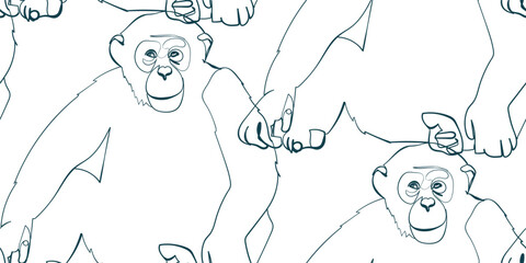 Wall Mural - chimpanzee monkey nature wildlife artistic seamless ink vector one line pattern hand drawn