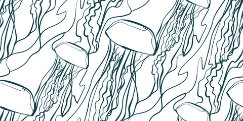 jellyfish nature wildlife artistic seamless ink vector one line pattern hand drawn