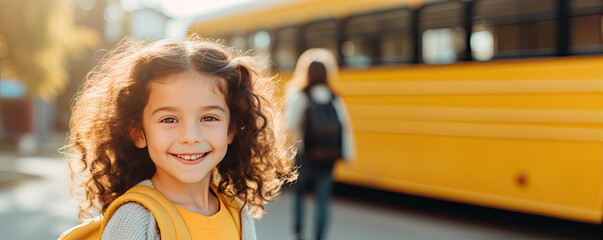 Happy girl students go to school. School Bus in background and cute girl with afro hair.