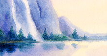 Watercolor Landscape. Waterfall From The Rocks To The Lake