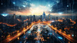 Futuristic photo of cityscape with tall buildings housing massive data centres