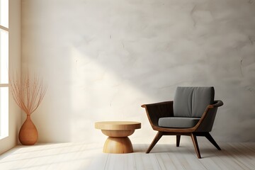 Wall Mural -  design of the room with a chair. modern stone chair and table on a white floor 3D render