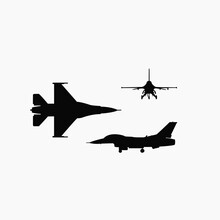 Fighter Jet Aircraft Silhouette Vector On White Background, Military Vehicle Technology, Set Of Air Force Weapon In Black And White.