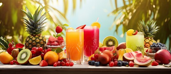 Wall Mural - In the background of a sunny summer day surrounded by vibrant nature a table adorned with an array of colorful fruits especially juicy red tropical ones sits elegantly with a mix of metal a