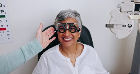 Poster - Eye exam, patient or happy woman with optometrist for vision test, ocular healthcare support or medical consultation. Happiness, optometry equipment and mature client smile with trial frame lens