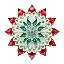 Green And Red Snowflake Cutout On Transparent Background.