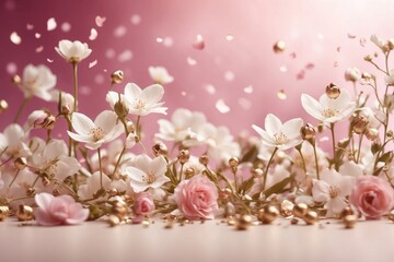 Wall Mural - Beautiful spring flowers flying in the air against pink background. ai generative