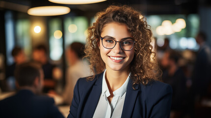 Candid photo of a happy young woman a business leader who solved a difficult task. The concept of gender equality