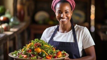 Black female waitress serves salad.