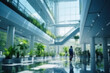 Blurred background business people walking in the hall of modern glass office, business center, shopping center, bank. Business concept, modern interior with living green plants. Eco style
