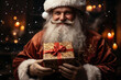 © soleg - closeup of gift in Santa's hands, outdoor, evening street, festive lights, Christmas or New Year holidays