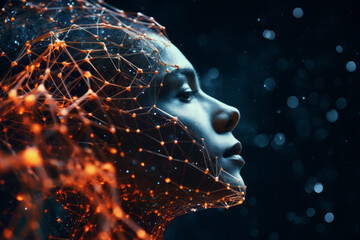 Wall Mural - Side view of human woman female face on dark background with glowing neon network nodes and interconnected pathways. Artificial intelligence concept