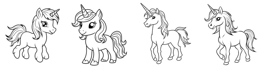 Wall Mural - Cute unicorn, simple thick lines kids and preschool children cartoon coloring book pages. Generative AI