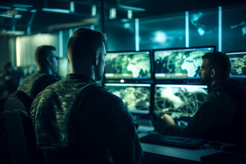 Military operator surveillance use computer for control security drone or air strike to in city. Concept cyber command post of army