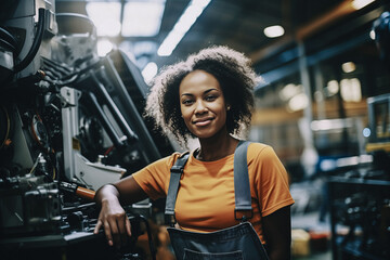 Portrait happy African American woman engineer or technician worker working on smart industry factory, background workplace