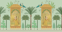 Traditional Mughal Ragini Vasanti In A Floral String Garden Arch. Traditional Hand Draw Mughal Illustration Pattern For Wallpaper.
