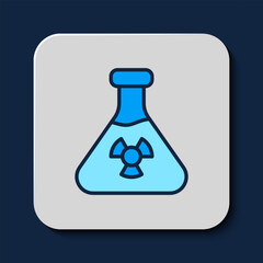 Wall Mural - Filled outline Laboratory chemical beaker with toxic liquid icon isolated on blue background. Biohazard symbol. Dangerous symbol with radiation icon. Vector