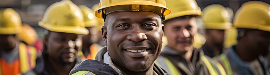 Wall Mural - A confident and smiling staff of factory workers, engineers, managers and foremen stands on the territory of the heavy industry production plant. Generated by AI.