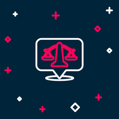 Sticker - Line Scales of justice icon isolated on blue background. Court of law symbol. Balance scale sign. Colorful outline concept. Vector