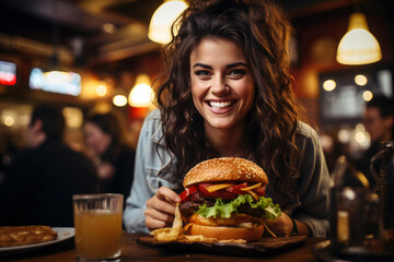 Wall Mural - Portrait of a beautiful woman holding a hamburger, emphasizing unhealthy eating in a cafe