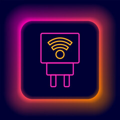 Poster - Glowing neon line Smart electric plug system icon isolated on black background. Internet of things concept with wireless connection. Colorful outline concept. Vector