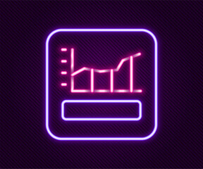 Poster - Glowing neon line Graph, schedule, chart, diagram, infographic, pie graph icon isolated on black background. Colorful outline concept. Vector