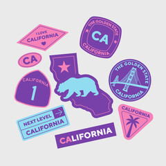 sticker pack. collection of trendy pins. set of cool patches vector design. california retro badges.