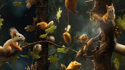 Sticker -  a group of squirrels sitting on top of a tree next to a forest filled with leaves and acorns.  generative ai