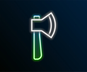 Poster - Glowing neon line Wooden axe icon isolated on black background. Lumberjack axe. Colorful outline concept. Vector