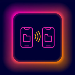 Poster - Glowing neon line Cloud technology data transfer and storage icon isolated on black background. Colorful outline concept. Vector