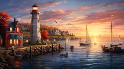 Wall Mural -  a painting of a lighthouse next to a body of water with a boat in the foreground and a lighthouse in the background.  generative ai