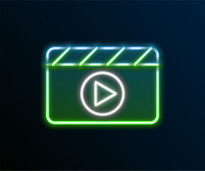 Sticker - Glowing neon line Movie clapper icon isolated on black background. Film clapper board. Clapperboard sign. Cinema production or media industry. Colorful outline concept. Vector