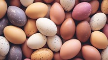  A Pile Of Different Colored Eggs With Speckled Eggs In The Middle Of The Eggs Are Brown, Yellow, And White.  Generative Ai