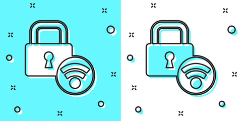 Poster - Black line Digital door lock with wireless technology for unlock icon isolated on green and white background. Door handle sign. Security smart home. Random dynamic shapes. Vector