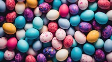  A Close Up Of A Bunch Of Eggs With Speckles And Colors Of Blue, Pink, Yellow, And White.  Generative Ai