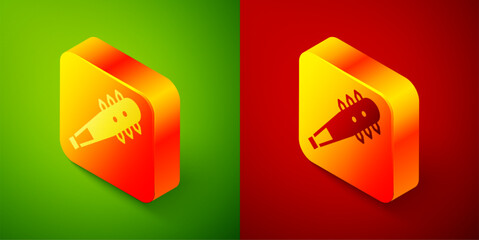 Poster - Isometric Medieval chained mace ball icon isolated on green and red background. Morgenstern medieval weapon or mace with spikes. Square button. Vector