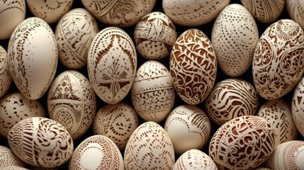 Wall Mural -  a pile of brown and white eggs sitting next to each other on top of a pile of brown and white eggs.  generative ai