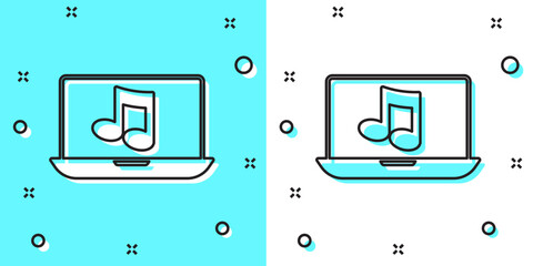Poster - Black line Laptop with music note symbol on screen icon isolated on green and white background. Random dynamic shapes. Vector