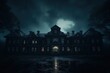 Creepy old mansion during a thunderstorm at night