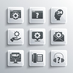Poster - Set Telephone, Headphones, Envelope setting, Location with gear, Computer monitor and help, Settings the hand, Browser and Support operator touch icon. Vector