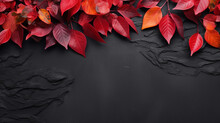 Autumn Composition With Color Leaves Ornament On Black Slate Board With Copy Space. Bright Maple Foliage Season Autumn Text Retro Country Style Flat Lay Top View Dark Background