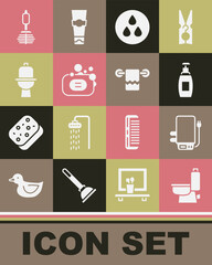 Poster - Set Toilet bowl, Electric boiler, Bottle of liquid soap, Water drop, Bar, brush and Towel on hanger icon. Vector