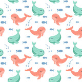 Fototapeta Dinusie - Seamless pattern with cute cartoon fish and kawaii sea animals on a white background. Children's print, textile, vector